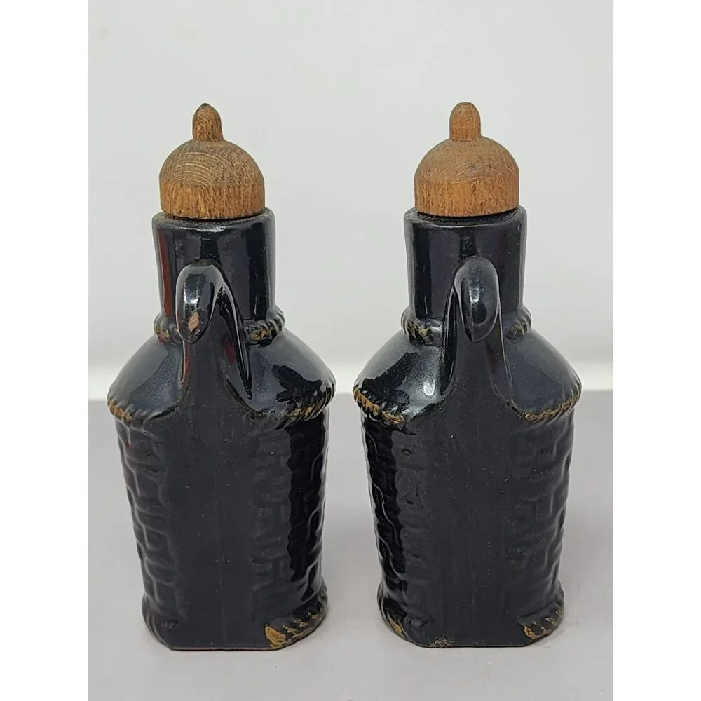 Vintage Black Ceramic Oil & Vinegar Cruet Set With Cork Stoppers Retro MCM Decor